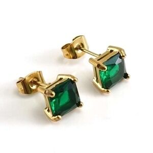 Gold Tone Stainless Steel Emerald Cut Green Cubic Zirconia Stud‎ Earrings Square